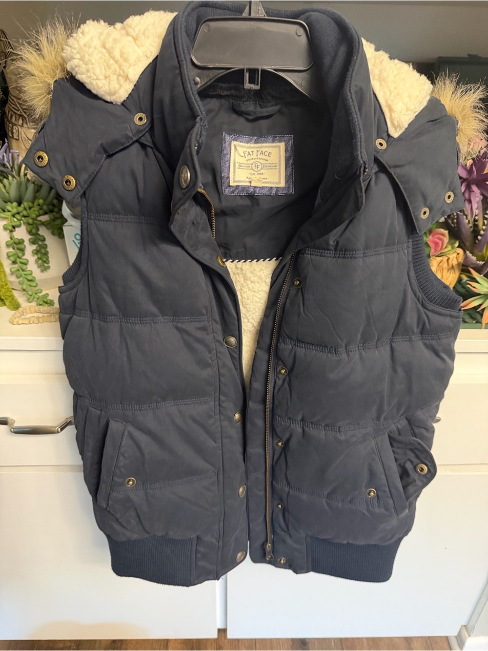 Fat Face Navy Quilted Sherpa-Lined Hooded Vest with Faux Fur Trim